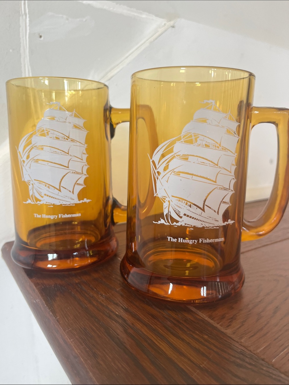 Amber Glass Beer Mugs - Set of 2 ‘The Hungry Fisherman’